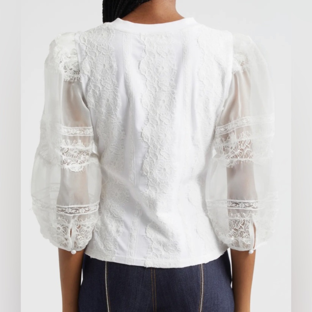 NWT Cinq à Sept White Lace Stefania Trim Shirt 3/4 Sleeve Blouse Size XS - Picture 2 of 12